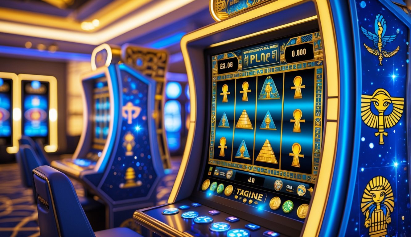 Mesin slot bergaya Mesir kuno dengan simbol-simbol emas dan latar kasino mewah yang terang.