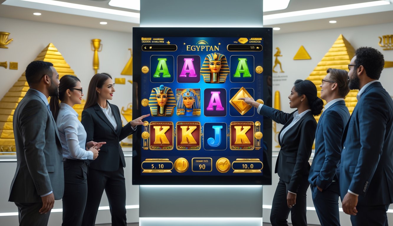 Sekelompok profesional bisnis sedang berdiskusi di depan layar sentuh digital yang menampilkan ikon permainan slot bertema Mesir.