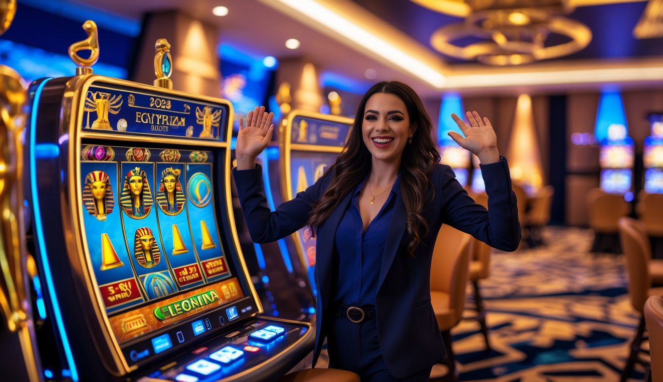 Seseorang merayakan kemenangan di mesin slot bertema Mesir di dalam kasino modern.