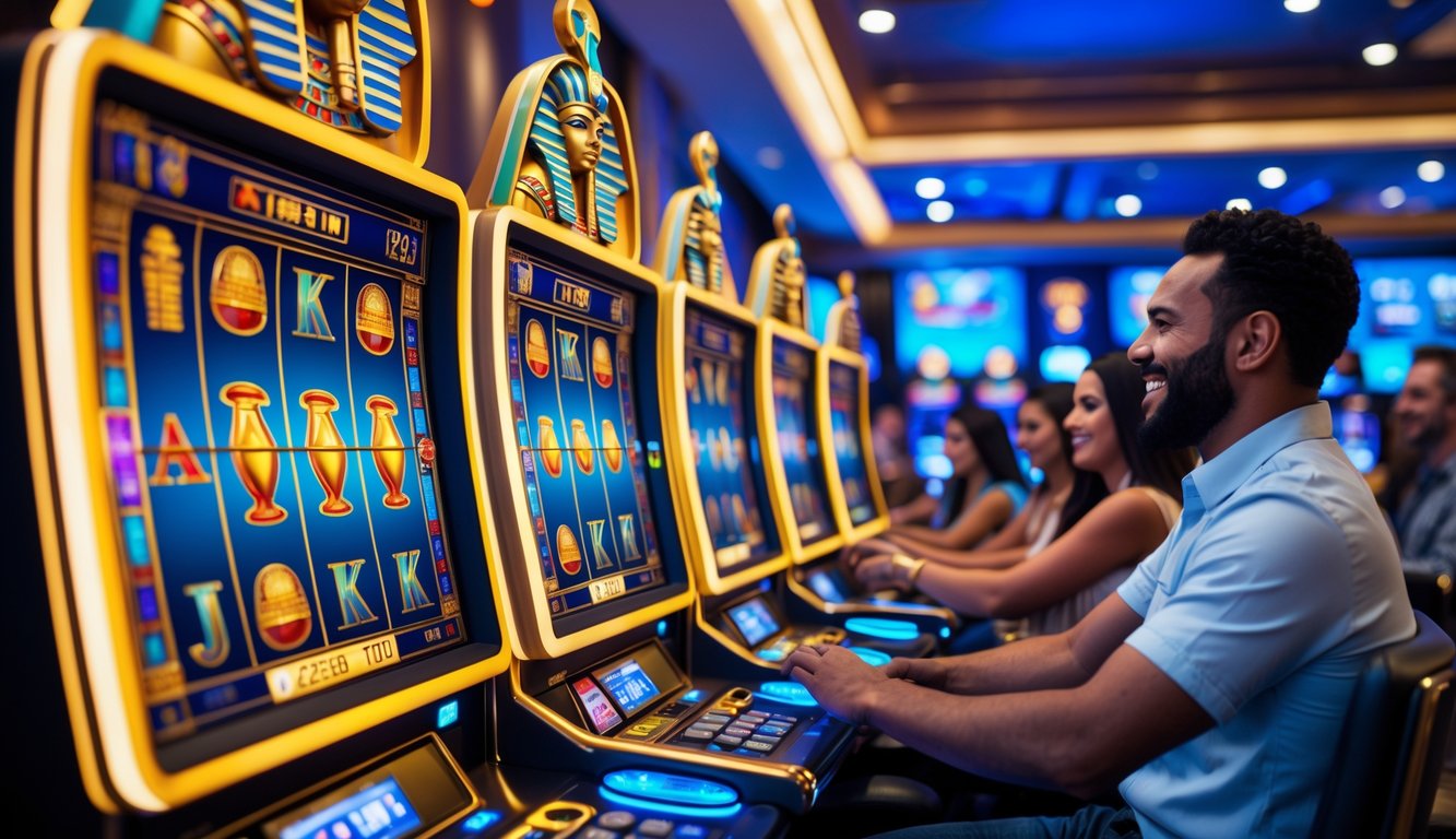 Suasana kasino modern dengan mesin slot bertema Mesir kuno yang berwarna-warni dan orang-orang yang sedang bermain dengan antusias.