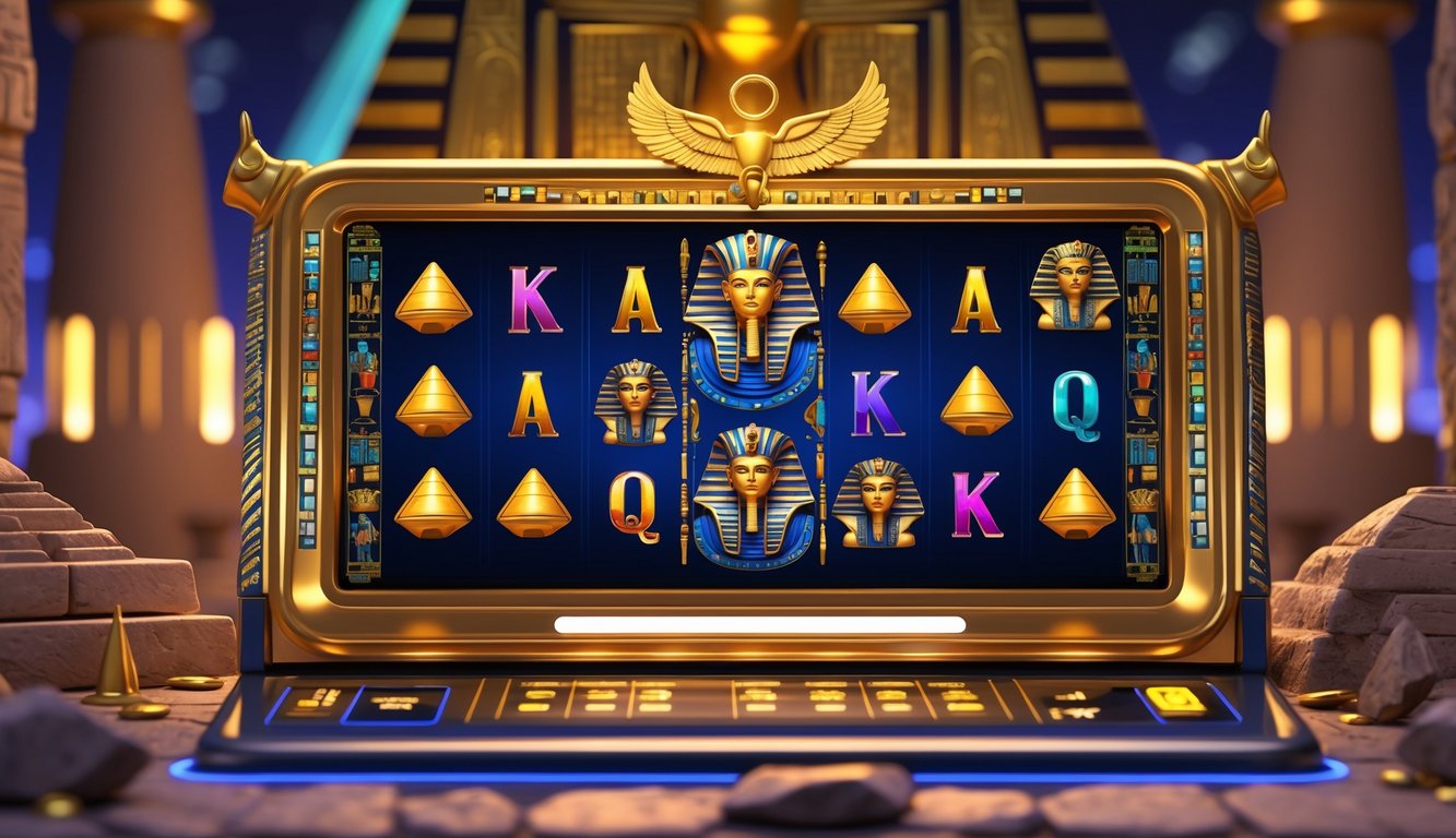 Tampilan layar mesin slot bertema Mesir kuno dengan simbol seperti scarab emas dan piramida dalam suasana kuil Mesir yang bercahaya lembut.