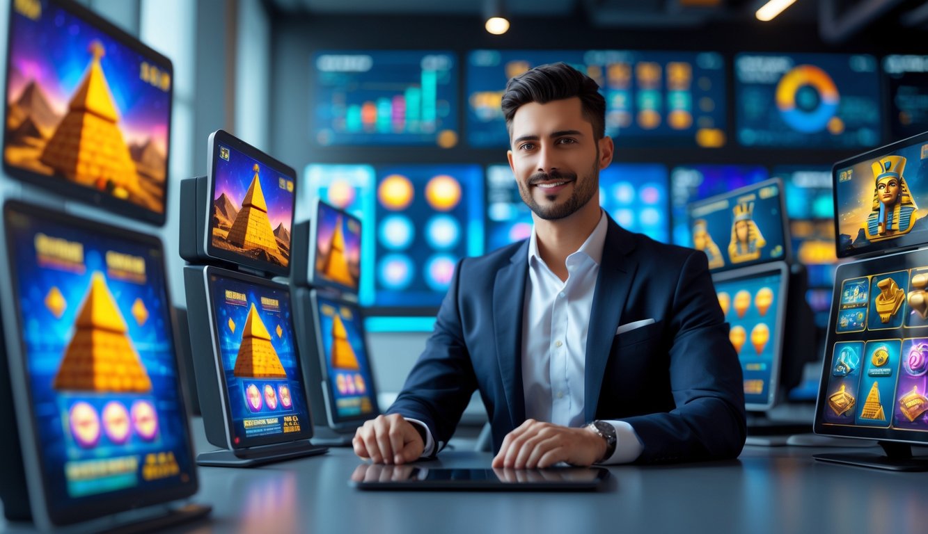 Seorang profesional duduk di meja dengan layar menampilkan grafik mesin slot bertema Mesir di kantor modern.