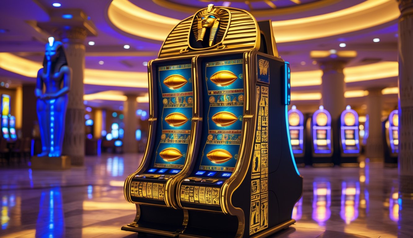 Suasana kasino mewah dengan mesin slot bertema Mesir kuno yang berhiaskan simbol hieroglif dan patung Anubis.