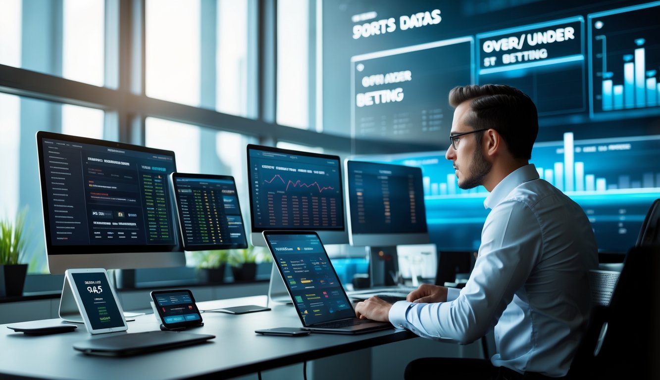 Seorang profesional di kantor modern sedang menganalisis data taruhan Over/Under tahun 2025 di beberapa layar komputer.