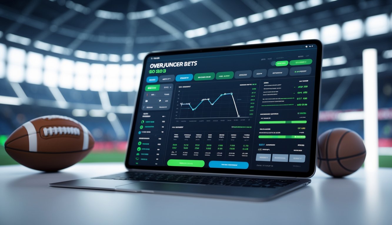 Layar komputer menampilkan antarmuka taruhan olahraga Over/Under dengan grafik dan statistik, di ruang kerja modern dengan peralatan olahraga di latar belakang.
