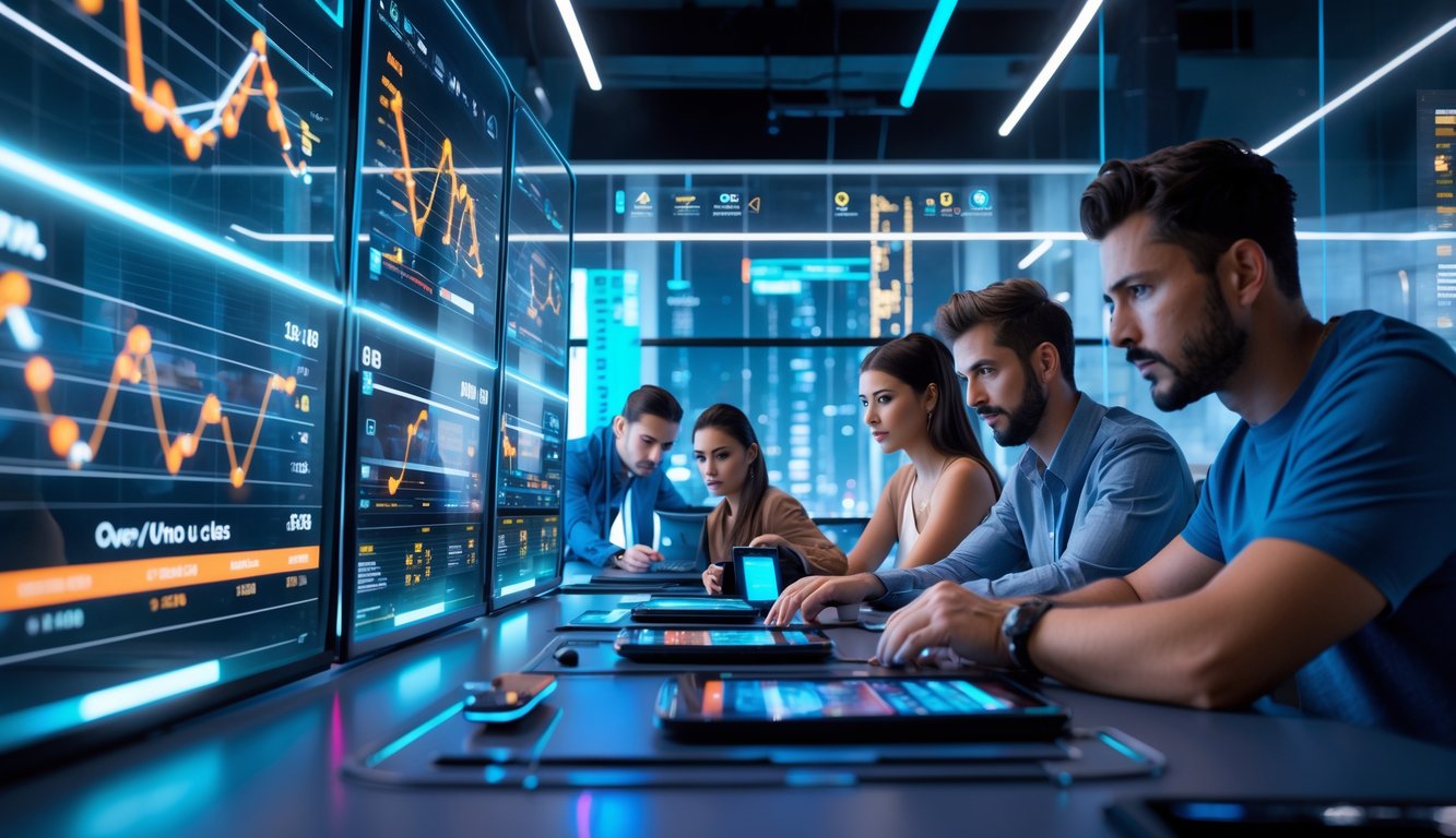 Beberapa orang muda sedang menggunakan layar sentuh transparan untuk memasang taruhan Over/Under secara online di ruang kerja modern dengan pemandangan kota futuristik.