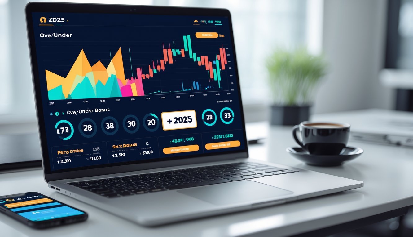 Layar komputer menampilkan antarmuka taruhan Over/Under dengan grafik dan angka bonus tahun 2025 di meja kantor yang rapi.