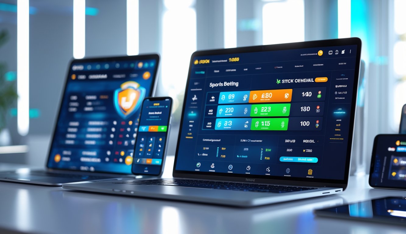 Meja kerja modern dengan laptop dan perangkat digital yang menampilkan aplikasi taruhan olahraga online.
