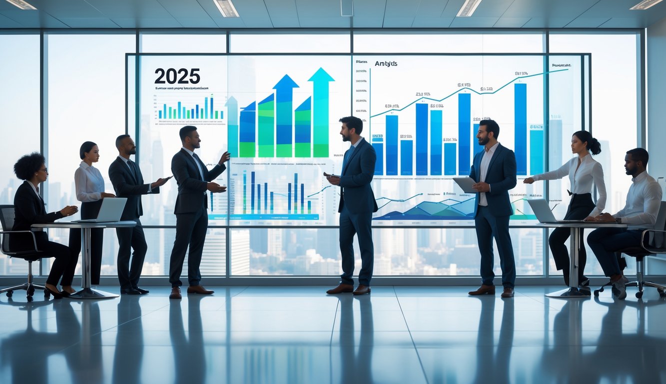 Sekelompok profesional bisnis sedang berdiskusi strategi dengan grafik dan data di layar digital di kantor modern.
