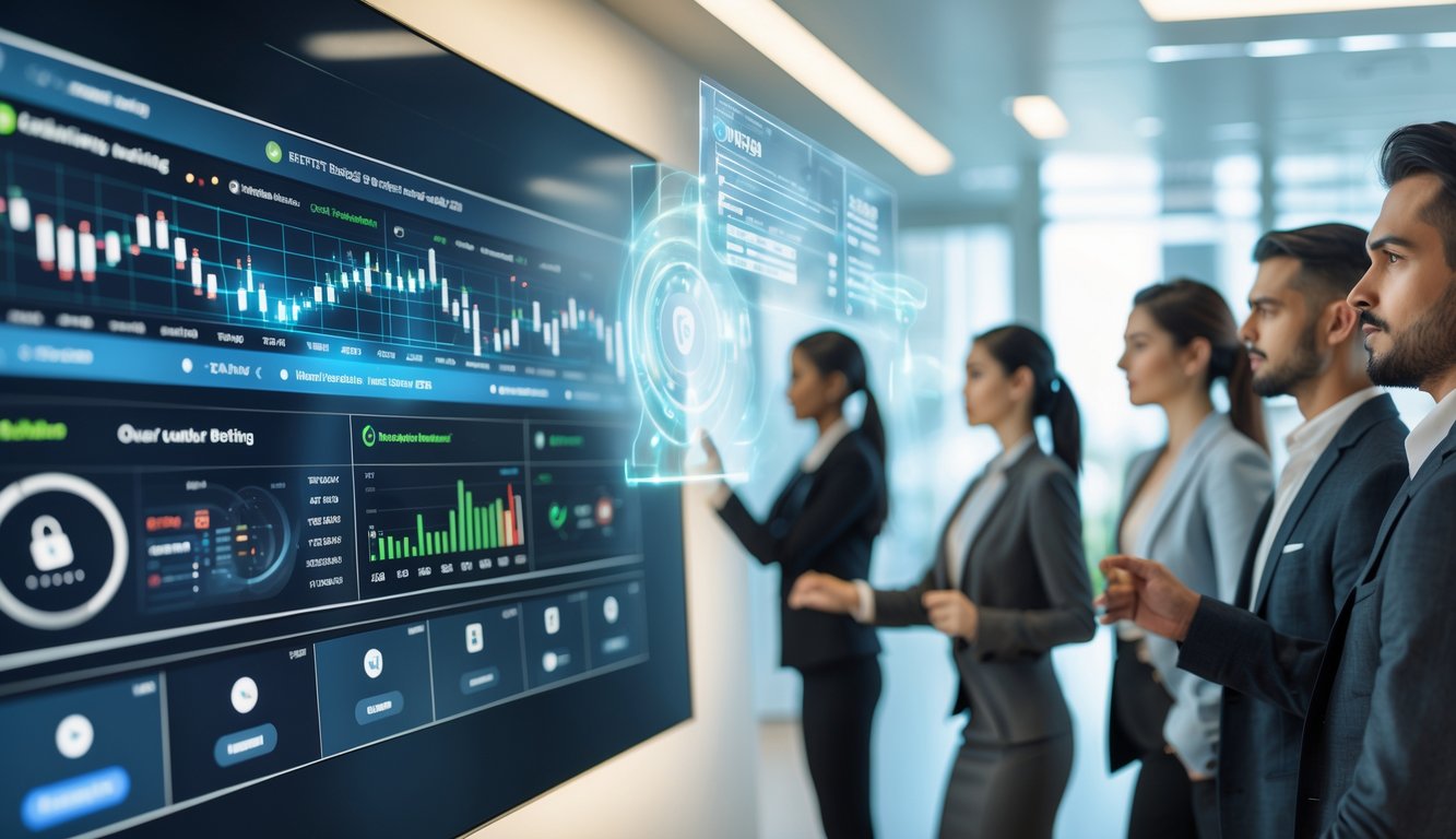 Orang-orang muda menggunakan layar sentuh digital dengan tampilan taruhan Over/Under di lingkungan kantor modern.