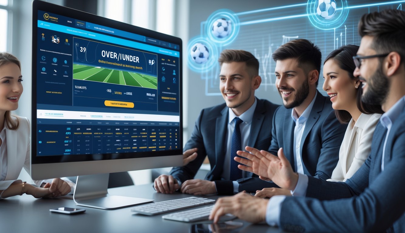 Beberapa orang muda sedang melihat layar komputer besar dengan tampilan taruhan olahraga online, terlihat fokus dan berdiskusi di ruang kerja modern.