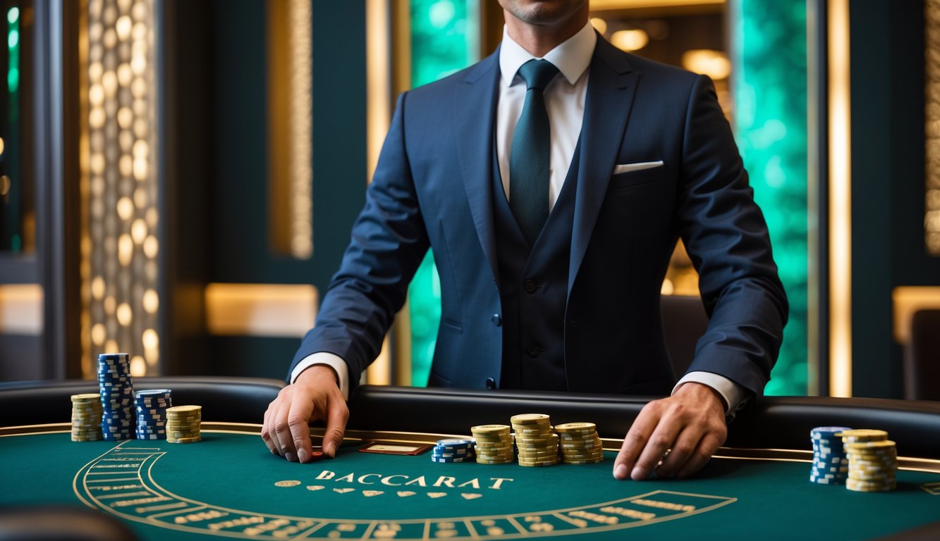 Seorang dealer berdiri di belakang meja baccarat dengan kartu dan chip tertata rapi di lingkungan kasino yang mewah.