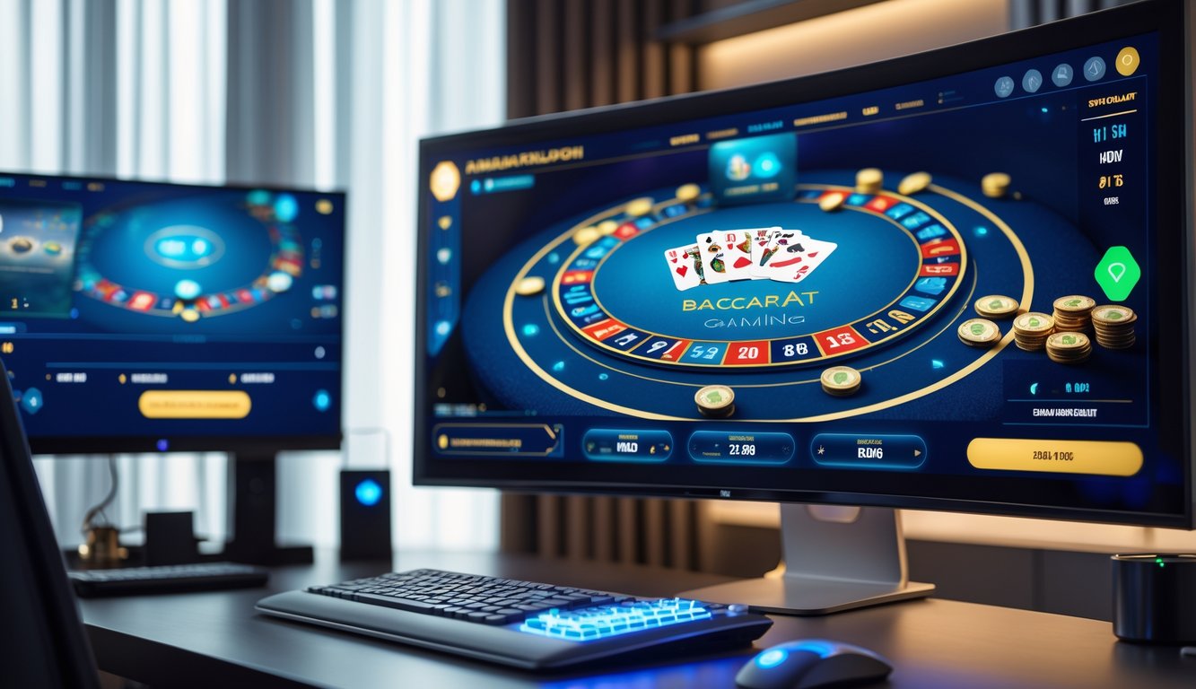 Sebuah meja kerja modern dengan monitor besar menampilkan permainan baccarat online terbaru tahun 2025.