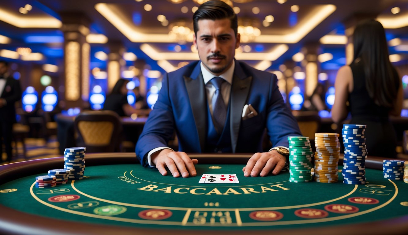 Seorang pemain berpakaian rapi duduk di meja baccarat dengan kartu dan tumpukan chip di kasino yang elegan.