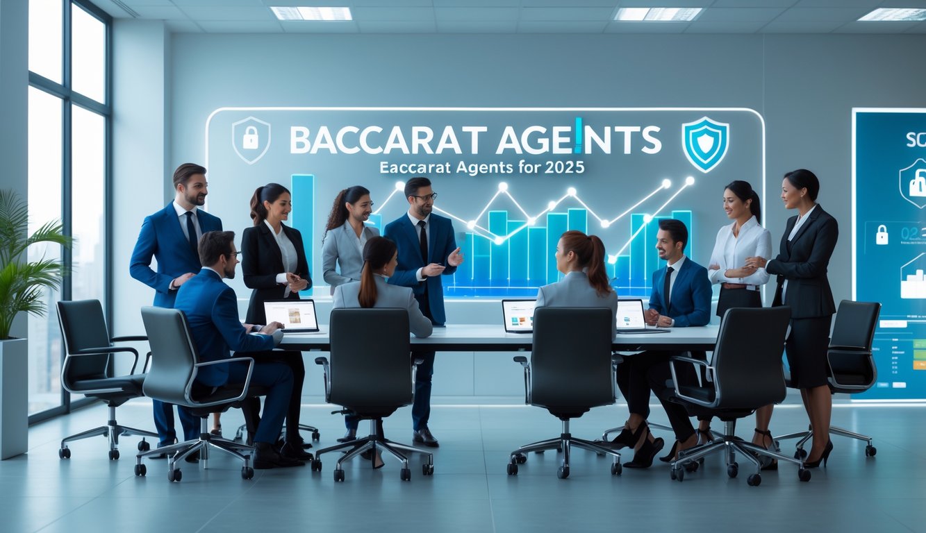 Sekelompok profesional bisnis sedang berdiskusi di ruang kantor modern yang terang dan aman.