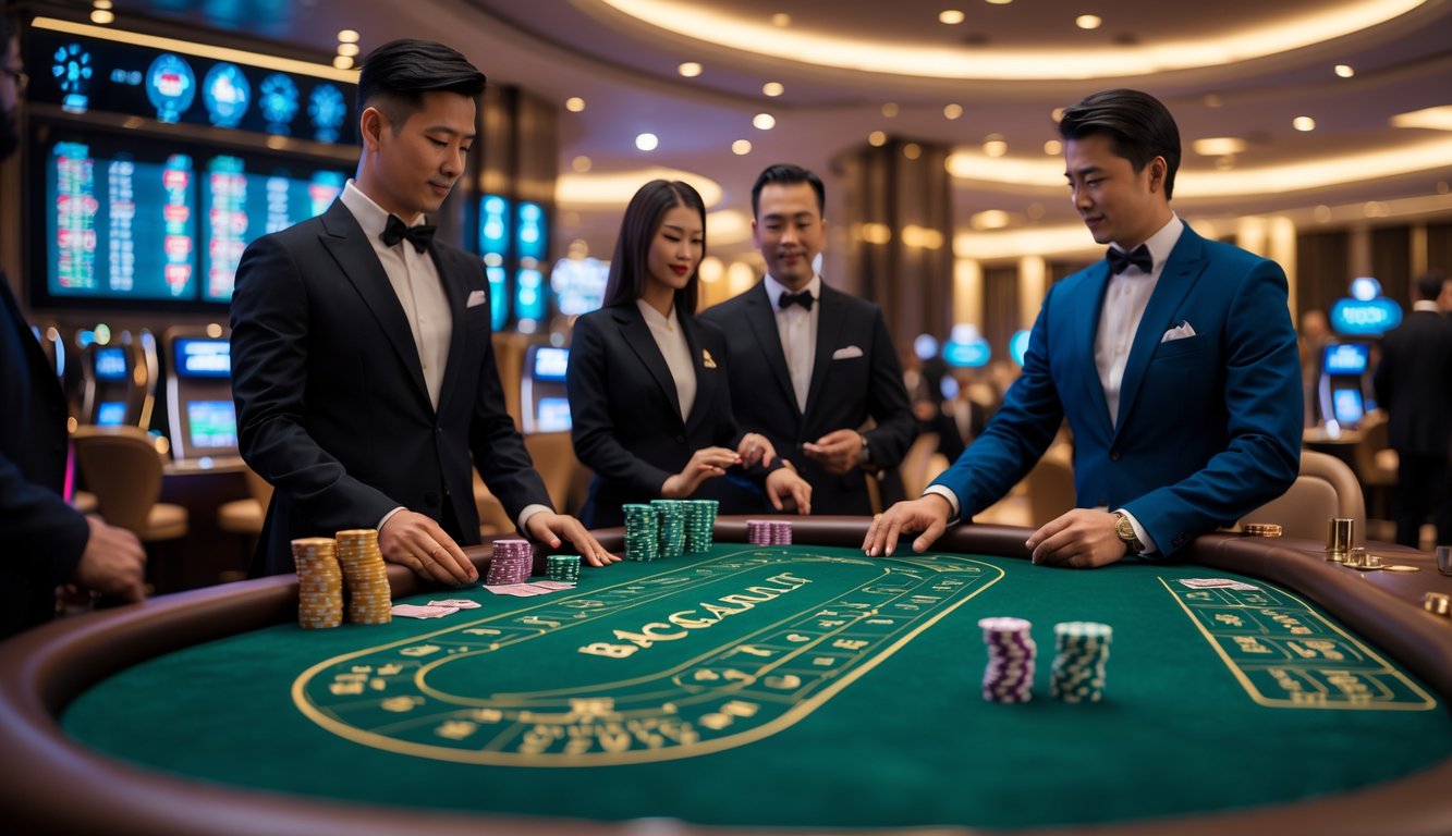 Meja permainan baccarat dengan pemain dan dealer di kasino modern yang mewah.