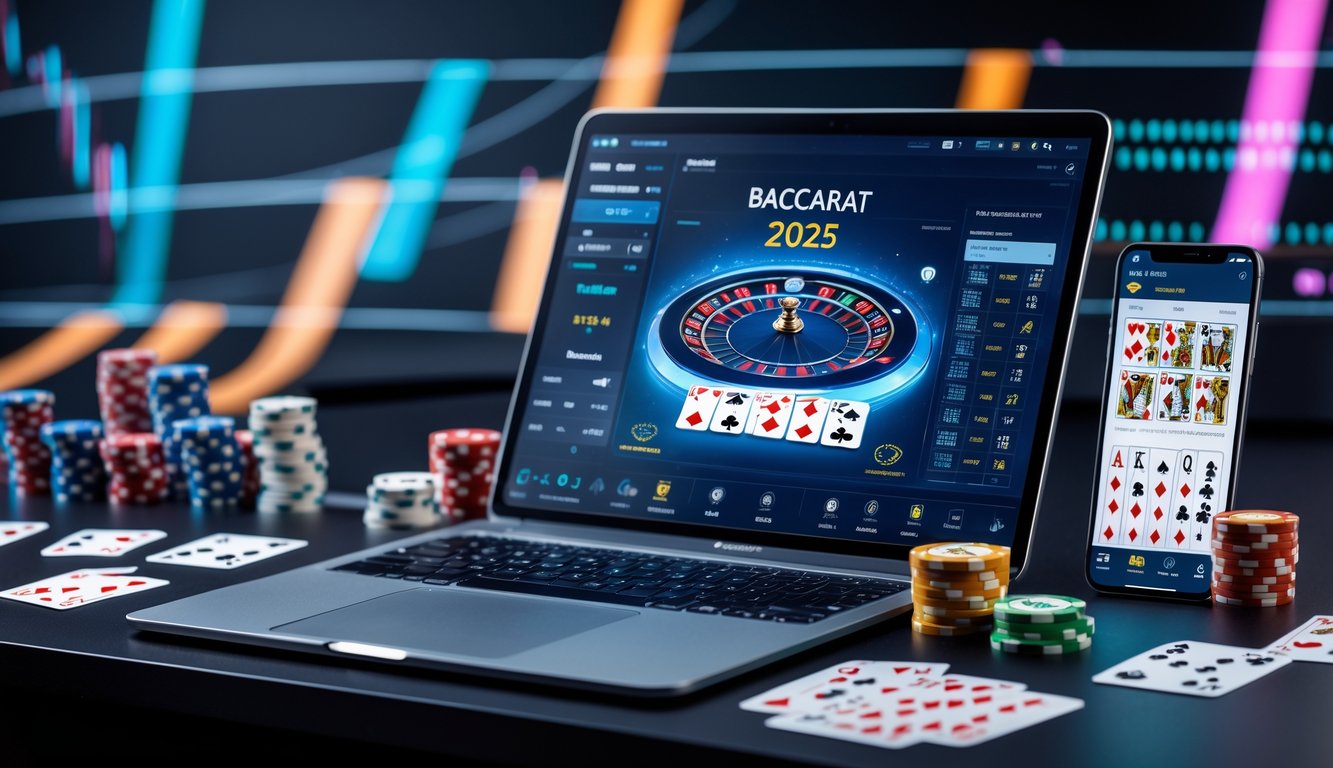 Seorang pemain sedang menggunakan laptop dan smartphone untuk bermain Baccarat online dengan kartu dan chip poker di meja.