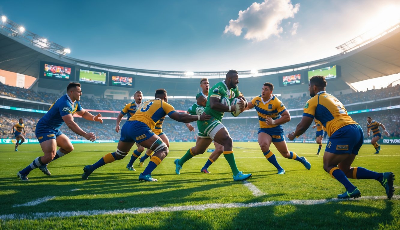Pertandingan rugby yang sedang berlangsung di stadion penuh penonton dengan pemain yang sedang mengoper bola di lapangan hijau.