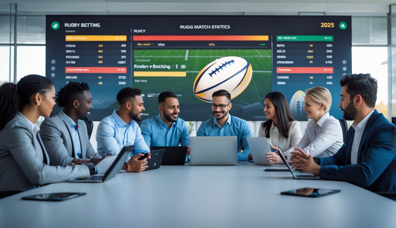 Sekelompok orang sedang berdiskusi di kantor dengan layar digital yang menampilkan statistik pertandingan rugby.