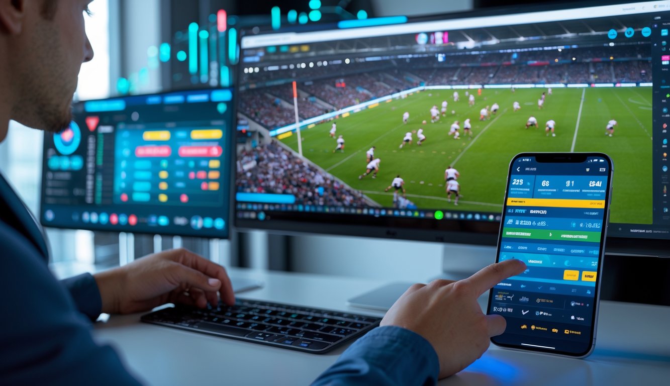 Seseorang menggunakan ponsel dan komputer untuk memasang taruhan pada pertandingan rugby yang sedang berlangsung.