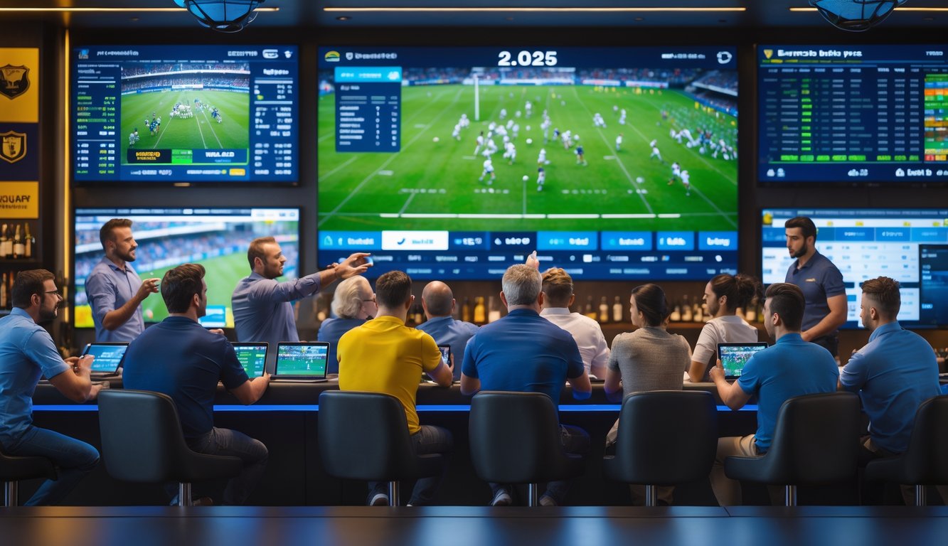 Sekelompok orang menonton pertandingan rugby dan memasang taruhan di sebuah ruang taruhan modern dengan layar besar yang menampilkan statistik dan peluang pertandingan rugby.