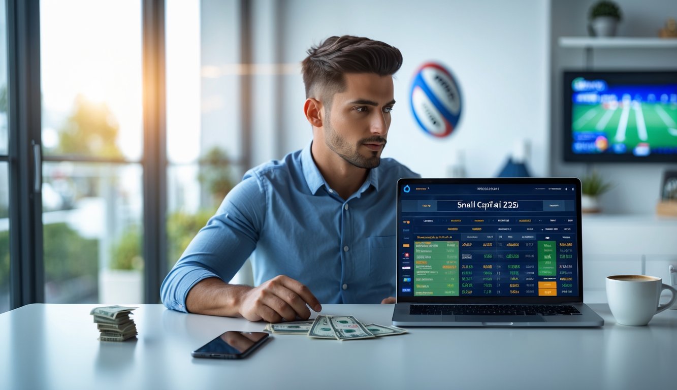 Seorang pria muda duduk di meja dengan laptop, melihat data taruhan rugby di layar, di ruangan dengan cahaya alami dan bola rugby di latar belakang.