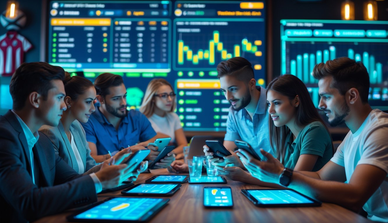 Sekelompok orang muda sedang menggunakan perangkat digital untuk menganalisis data dan taruhan rugby di sebuah ruang modern dengan dekorasi bertema rugby.