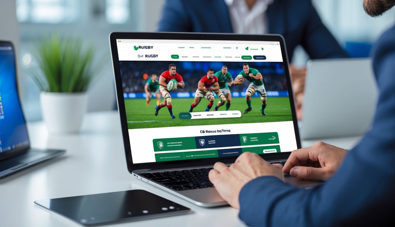 Seseorang menggunakan laptop dengan tampilan situs taruhan rugby yang aman dan modern.
