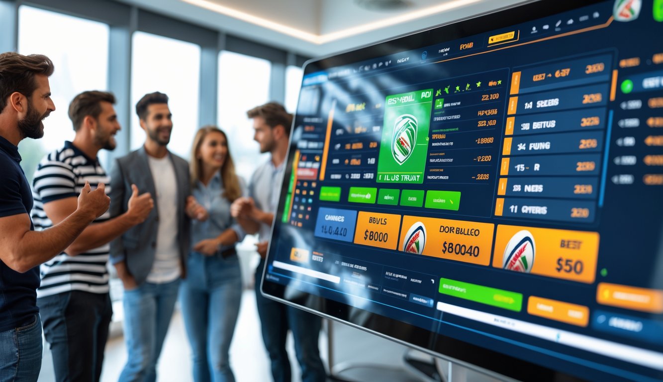 Sekelompok orang muda yang antusias berdiskusi di depan layar digital dengan data taruhan rugby dan suasana ruangan modern.