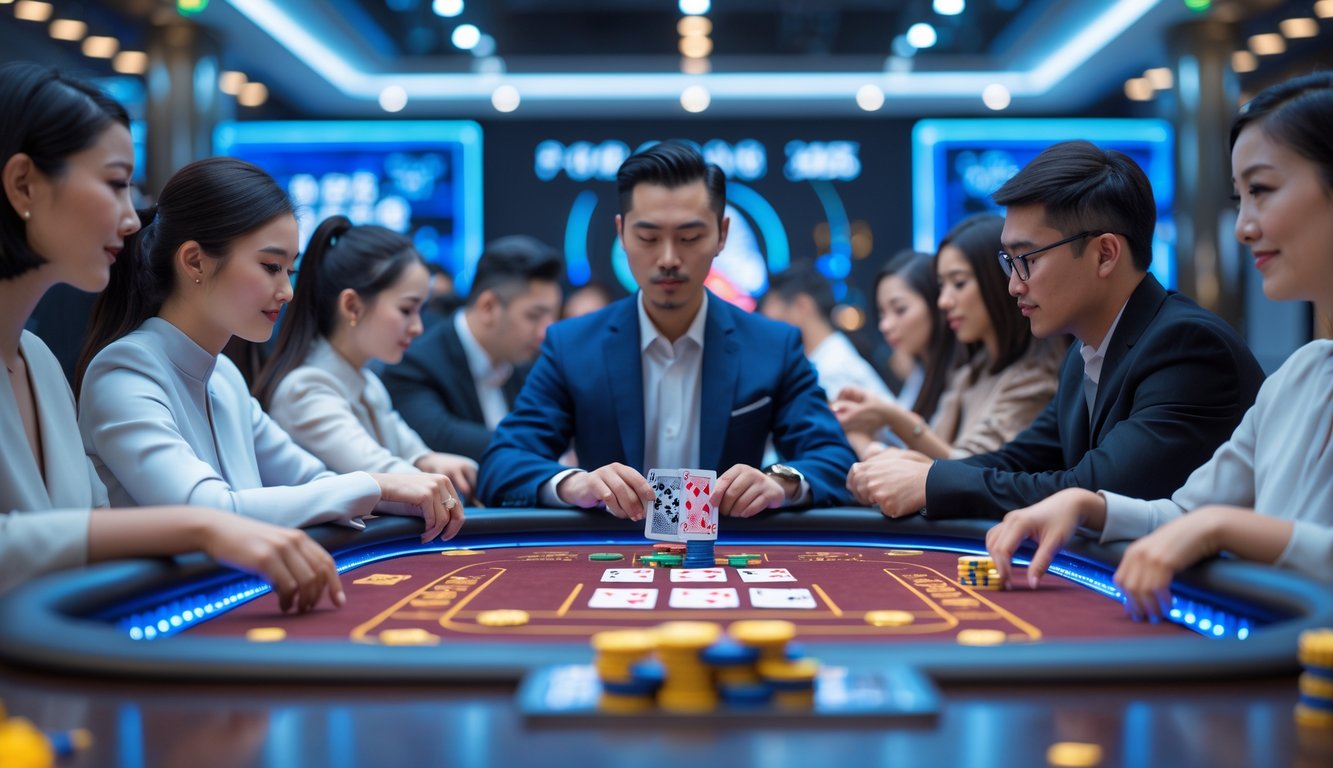 Beberapa orang sedang bermain poker Cina di meja dengan kartu dan chip poker.