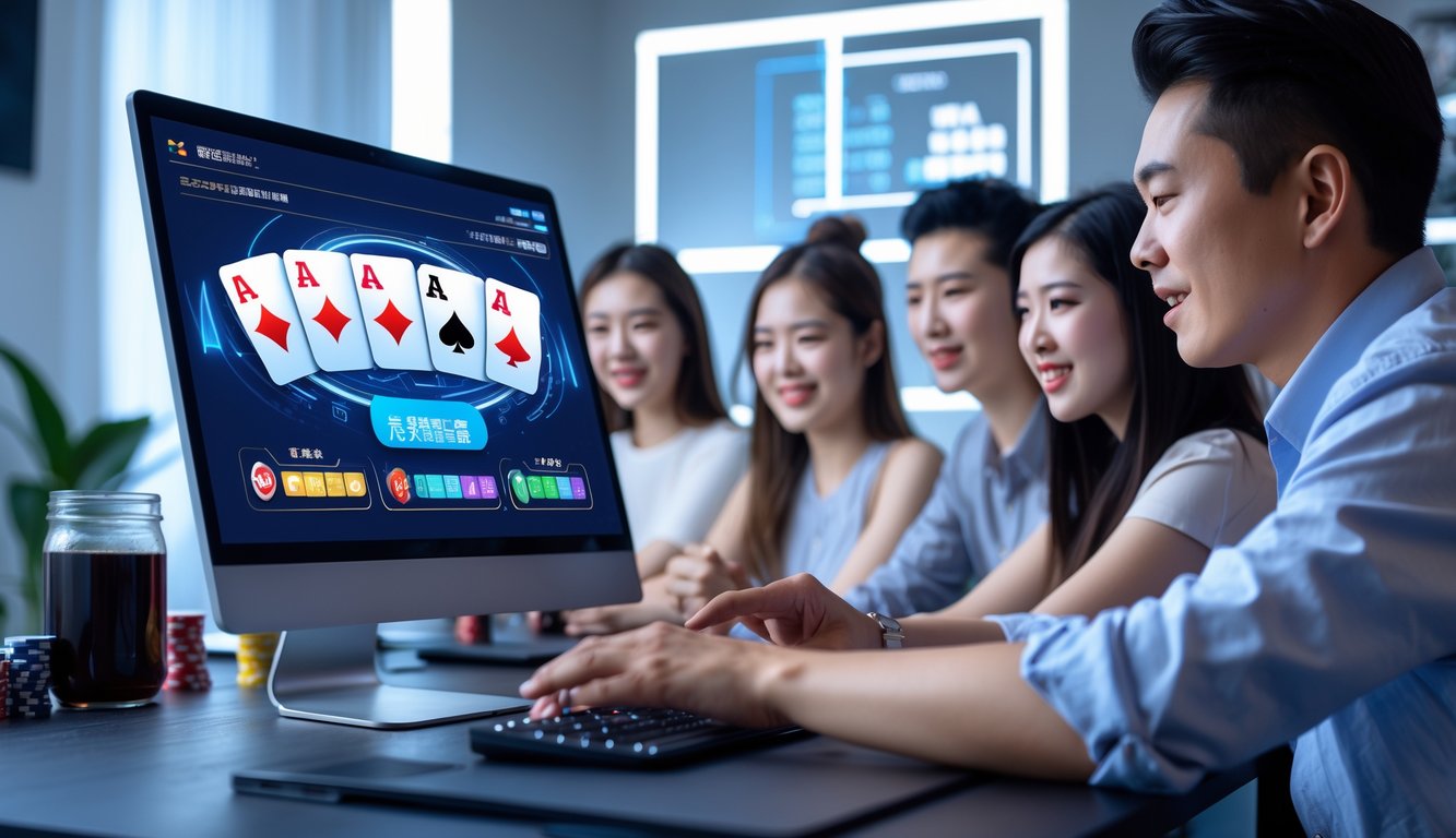 Beberapa orang muda sedang bermain poker Cina secara online di sebuah ruangan dengan komputer dan suasana fokus.