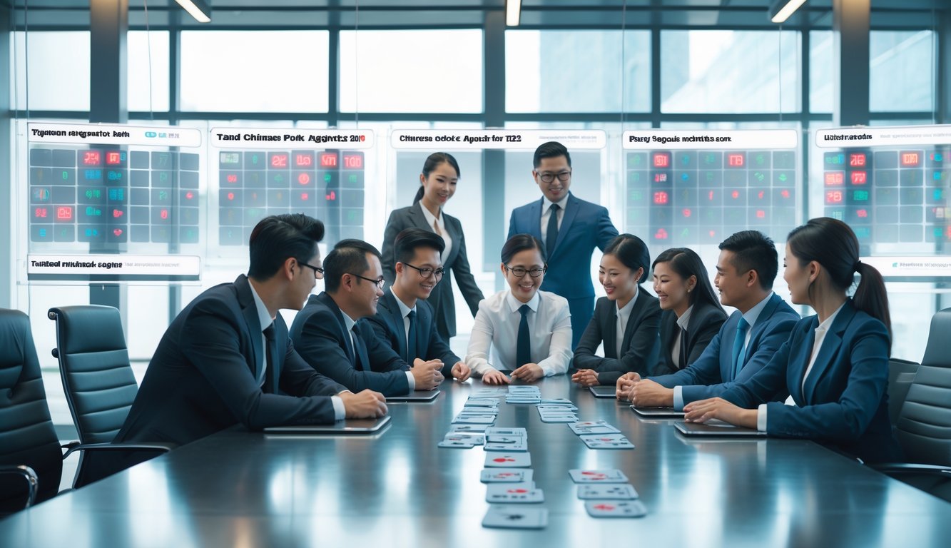 Sekelompok profesional bisnis Asia sedang berdiskusi di ruang kantor modern dengan layar digital menampilkan kartu poker.