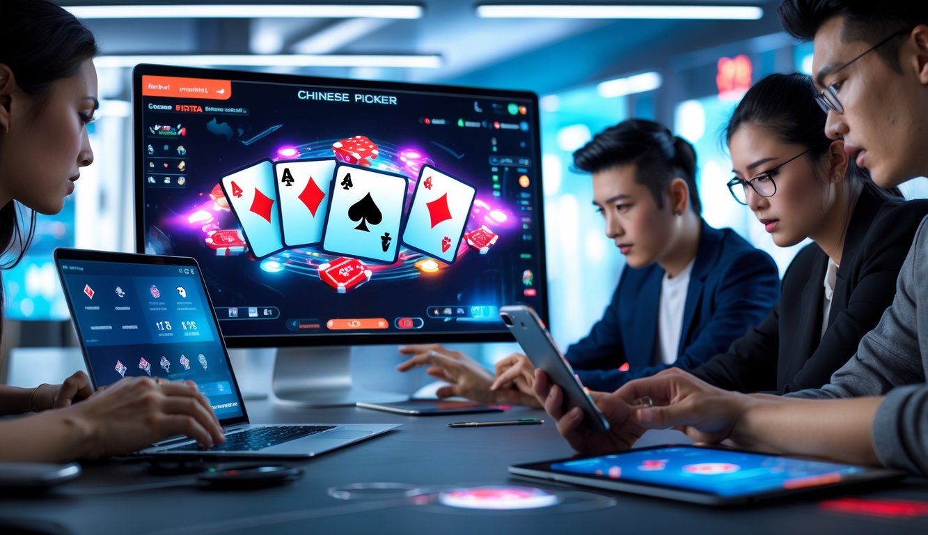 Beberapa orang muda bermain permainan poker Cina secara online menggunakan berbagai perangkat di ruang kerja modern.