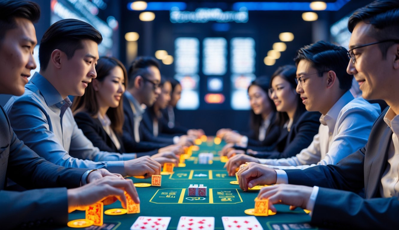 Meja poker dengan kartu bermain dan beberapa orang sedang bermain poker dengan ekspresi fokus dan antusias.