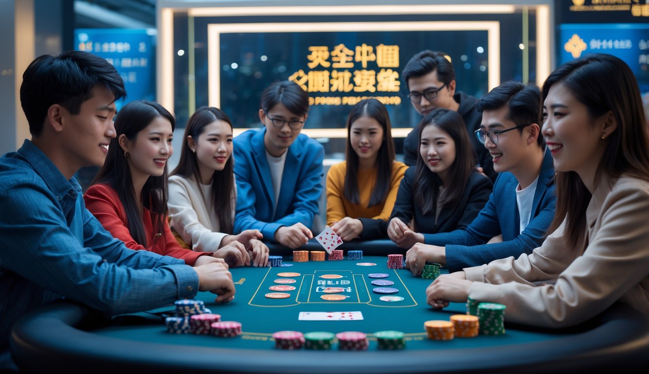 Sekelompok orang muda sedang bermain poker Cina di meja dengan chip dan kartu, terlihat fokus dan bersemangat dalam ruangan bergaya modern.