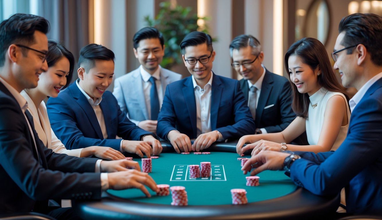 Sekelompok orang dewasa sedang bermain poker Cina di meja dengan kartu dan chip di ruangan yang elegan dan nyaman.