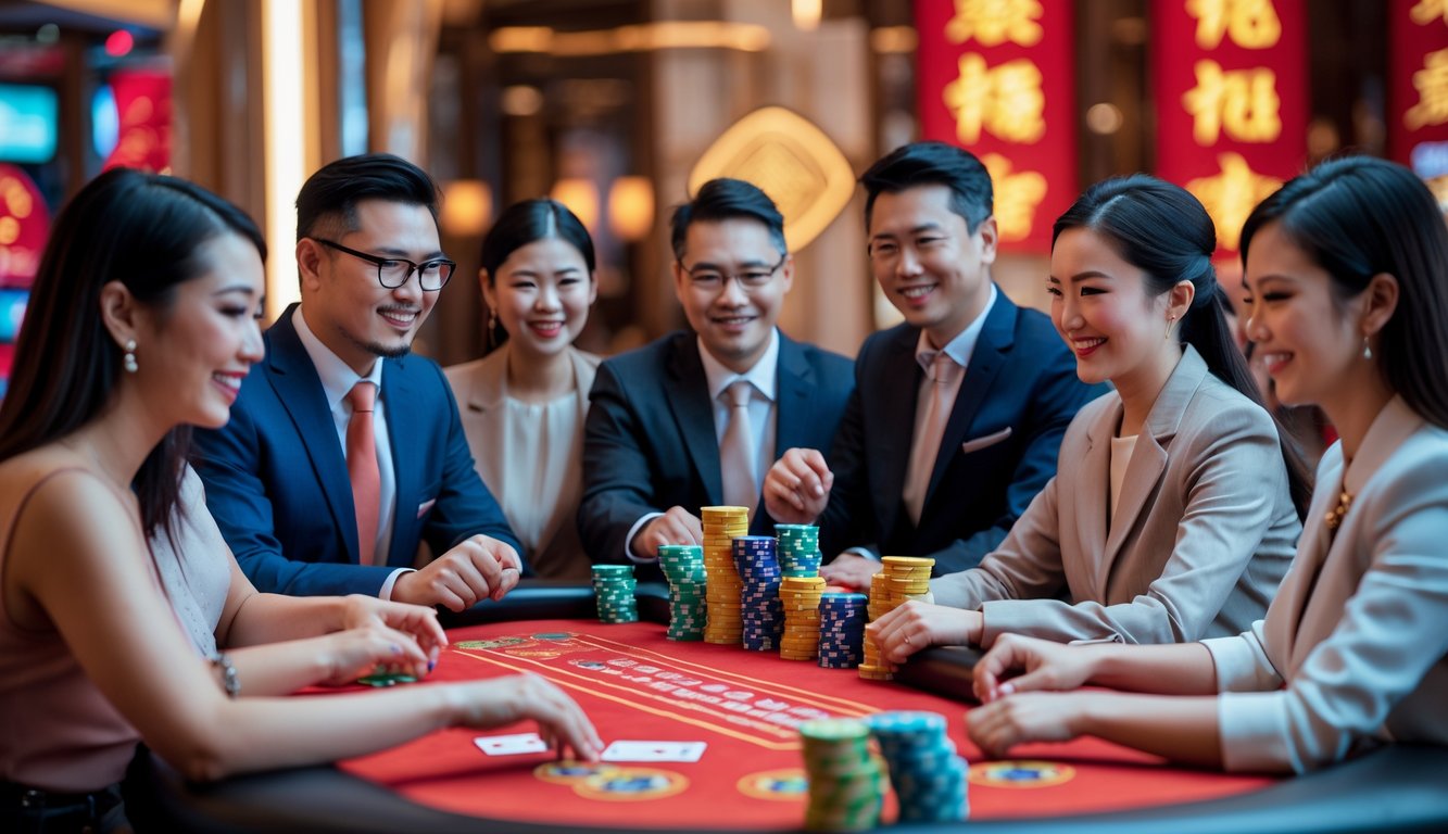 Sekelompok orang bermain poker Cina di meja kasino dengan suasana ceria dan dekorasi mewah.