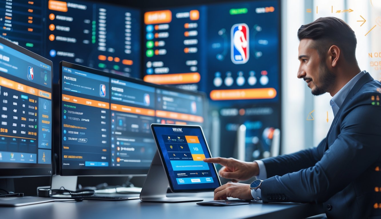 Seseorang menggunakan perangkat digital di meja kerja modern dengan layar menampilkan statistik dan skor pertandingan NBA, menunjukkan suasana taruhan NBA yang resmi dan aman.