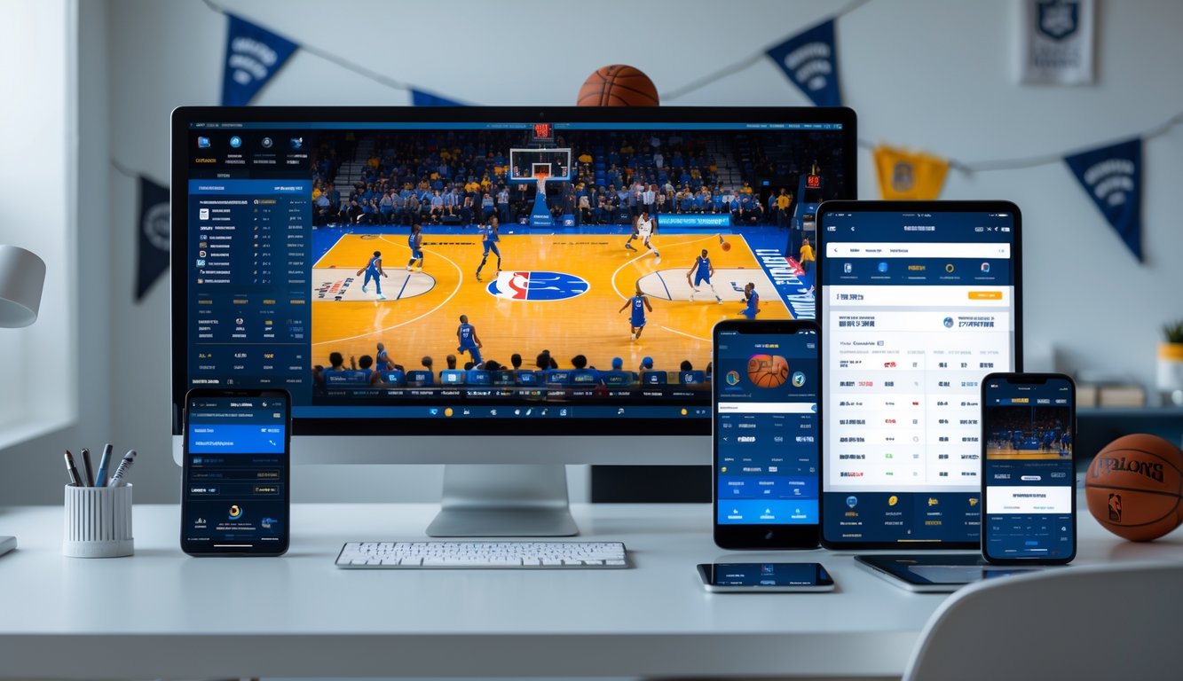 Sebuah ruang kerja modern dengan komputer menampilkan pertandingan NBA, serta perangkat digital lain yang menunjukkan data taruhan online.