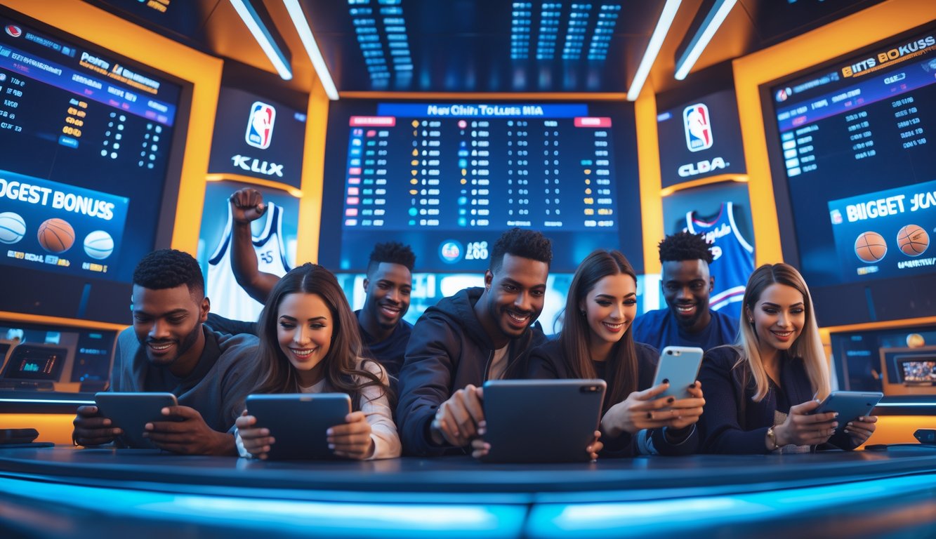 Sekelompok orang muda sedang memasang taruhan NBA dengan layar digital menampilkan statistik dan peluang taruhan di latar belakang.