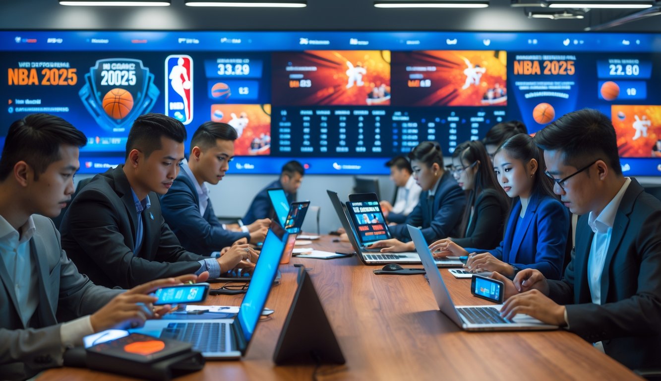 Sekelompok profesional muda di kantor modern di Indonesia sedang menganalisis statistik dan memasang taruhan NBA 2025 menggunakan perangkat digital.