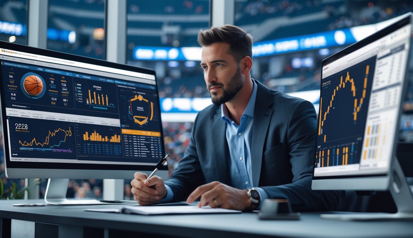 Seorang analis olahraga sedang memeriksa data taruhan NBA di depan beberapa monitor di ruang kerja modern dengan latar belakang lapangan basket.
