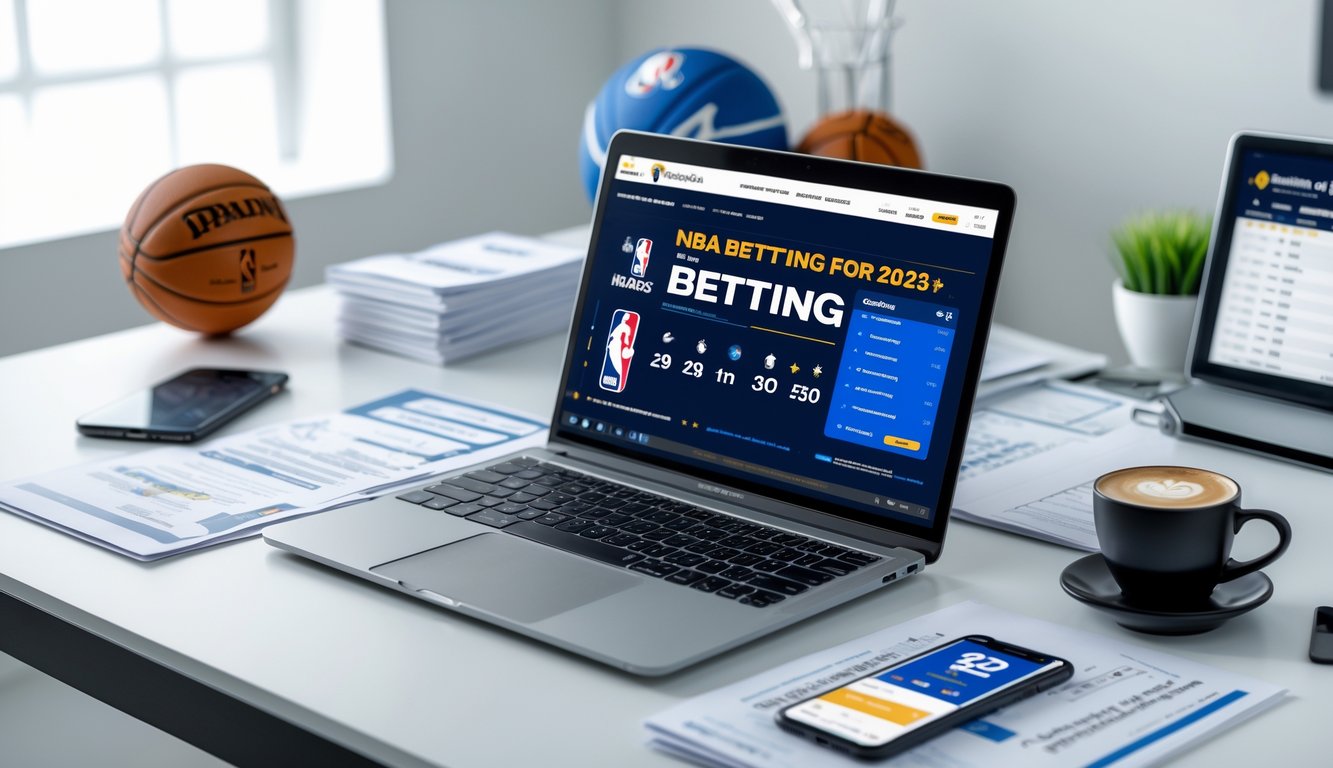 Meja kerja modern dengan laptop yang menampilkan situs taruhan NBA, dokumen keuangan, dan ponsel dengan skor bola basket, di ruang kantor yang terang dan rapi.