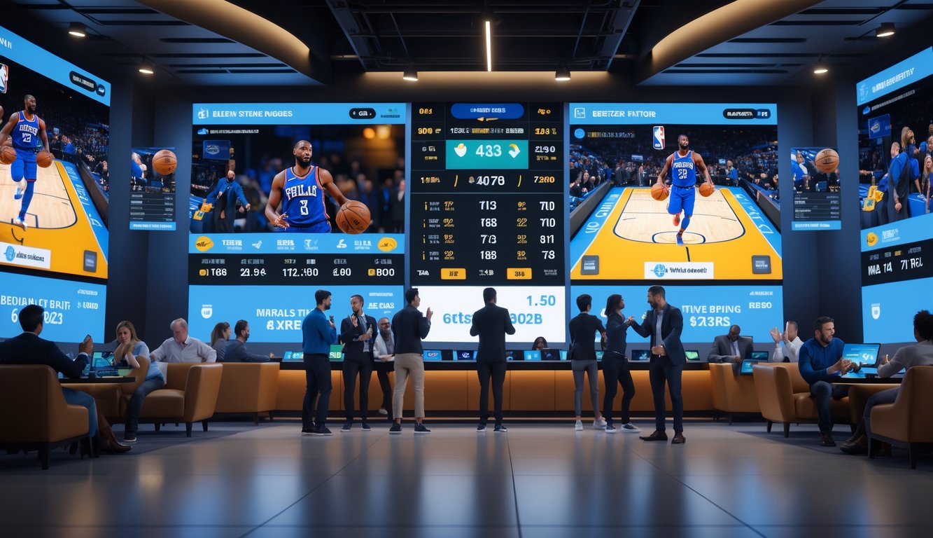 Sejumlah orang di ruang taruhan olahraga modern yang menonton pertandingan NBA 2025 dengan layar besar menampilkan aksi bola basket dan peluang taruhan.