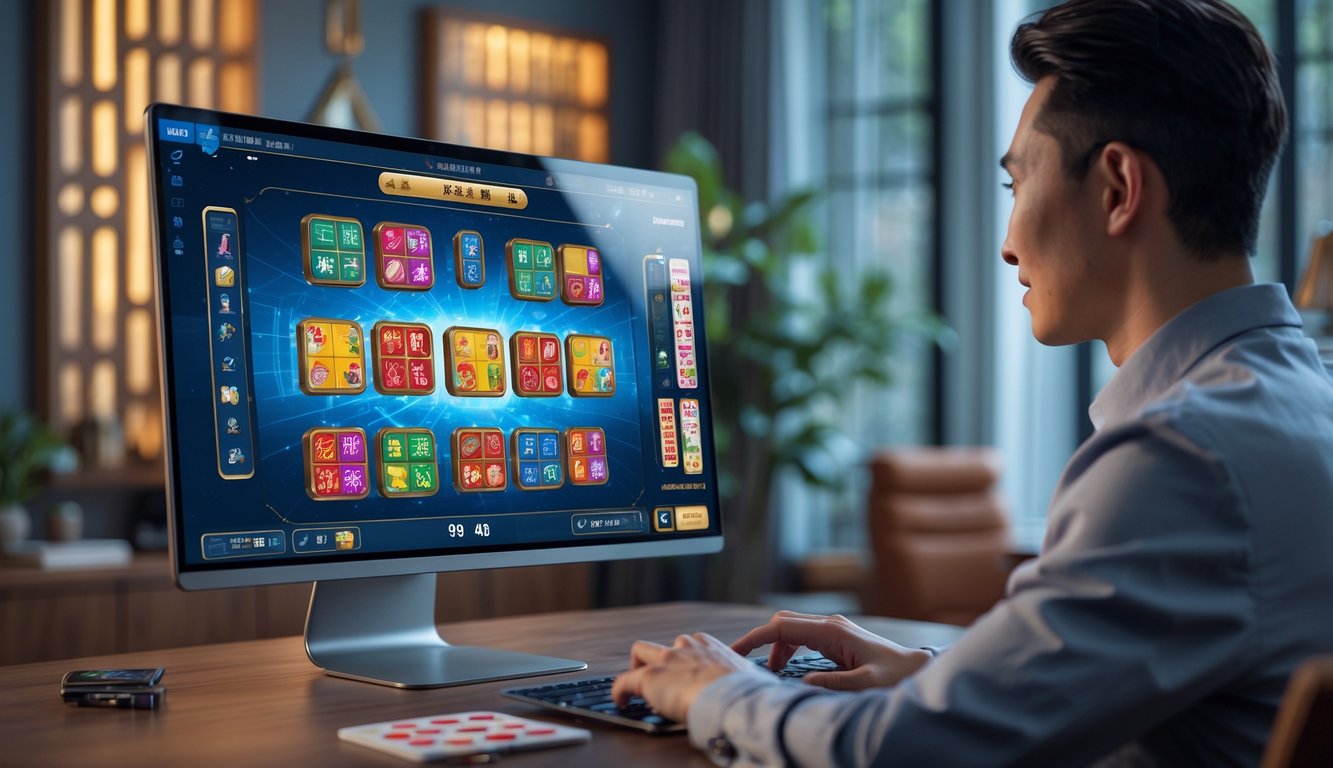 Seorang pemain muda menggunakan laptop di ruang kerja modern dengan tampilan permainan slot mahjong digital di layar.