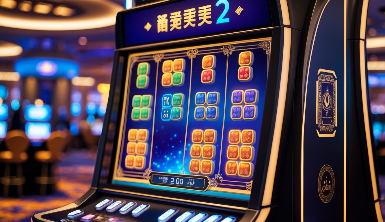 Mesin slot digital bertema Mahjong 2 di dalam kasino dengan pencahayaan hangat dan suasana yang menarik.