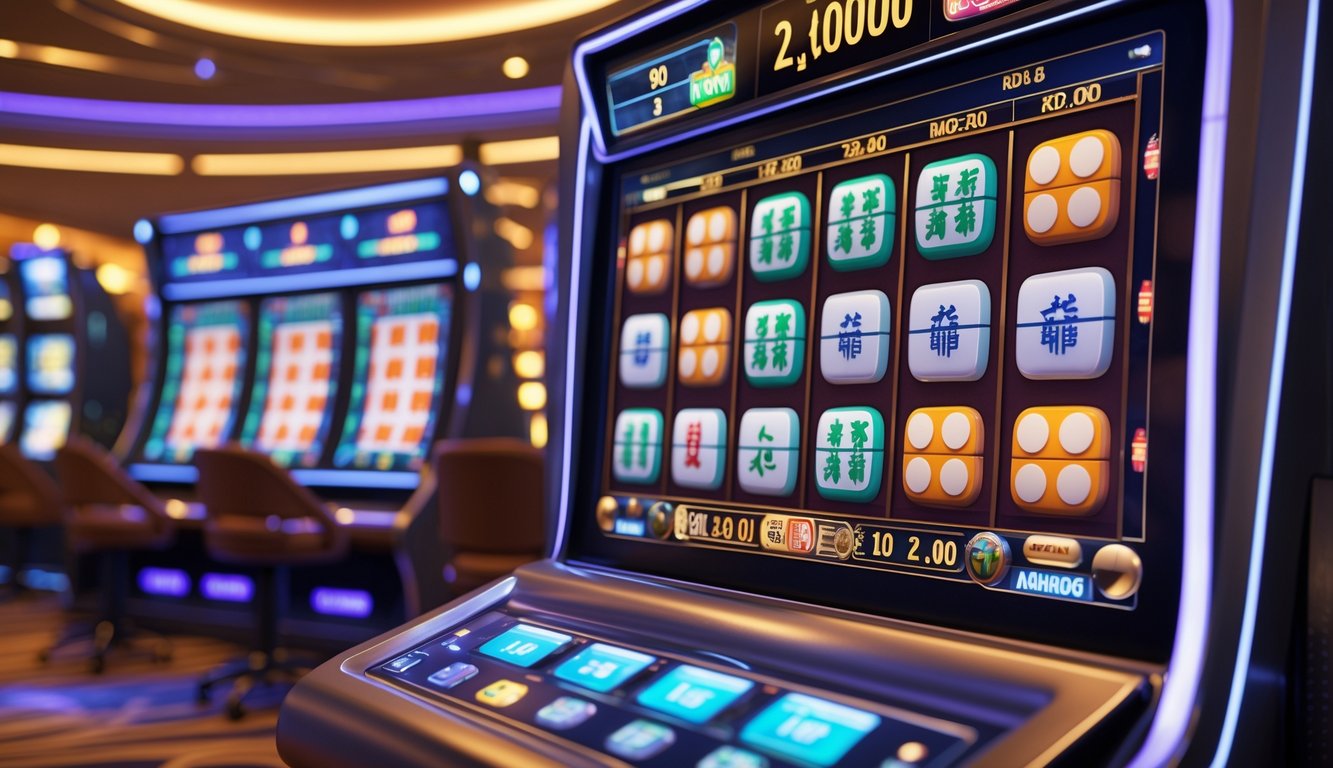 Antarmuka permainan slot online bertema Mahjong dengan ubin warna-warni dan tampilan jackpot besar di latar kasino futuristik.