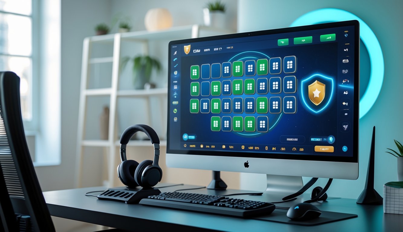 Sebuah meja kerja dengan komputer menampilkan permainan slot Mahjong online yang aman dan terpercaya.