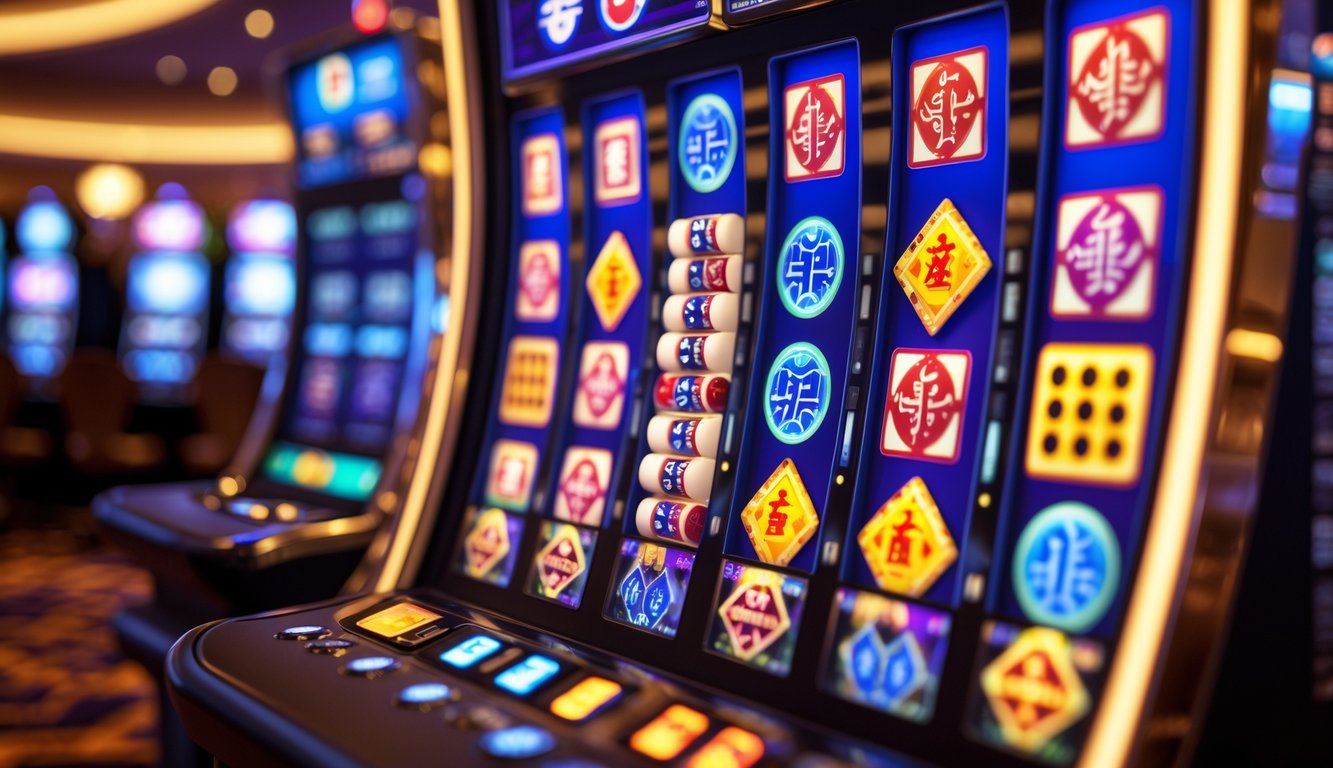 Mesin slot bertema Mahjong dengan ubin Mahjong berwarna-warni yang terlihat jelas di layar mesin dalam suasana kasino yang hidup.