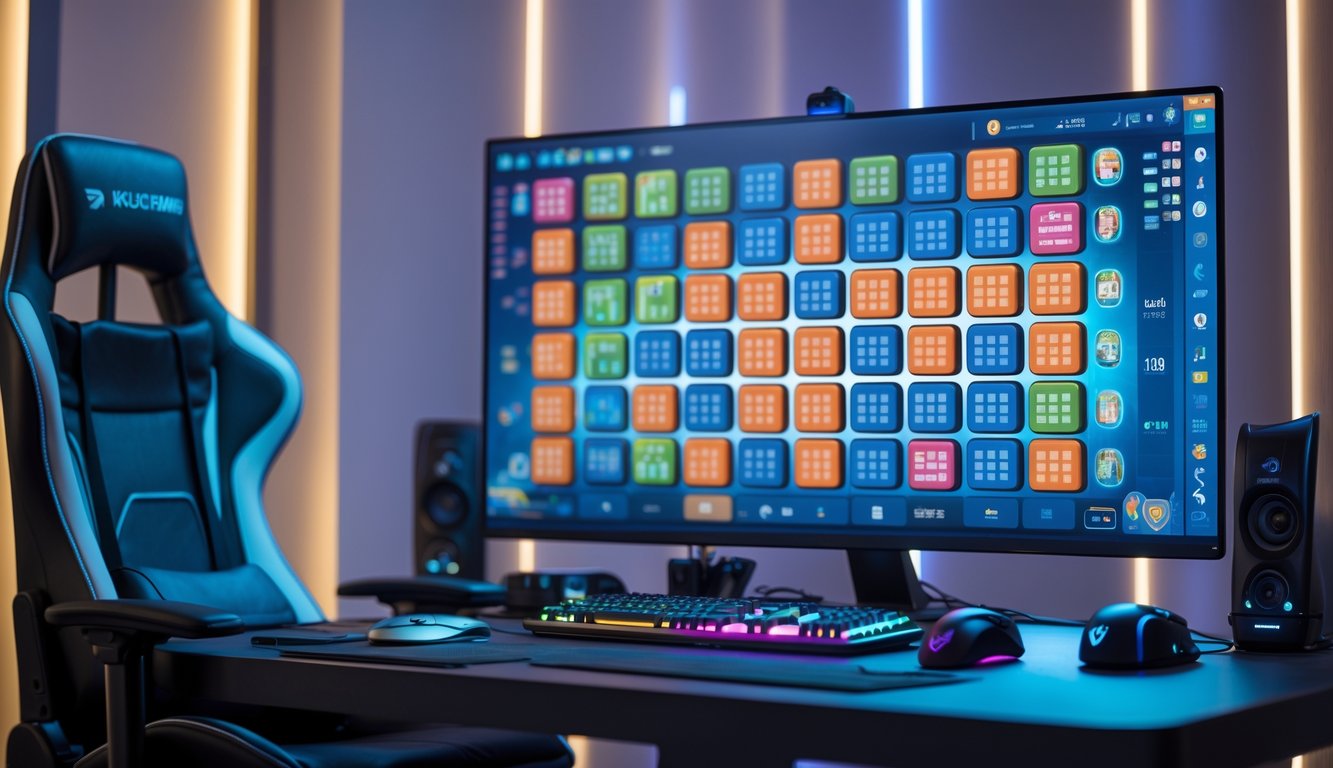 Sebuah meja gaming modern dengan monitor menampilkan permainan mahjong digital dan perlengkapan gaming di sekitarnya.